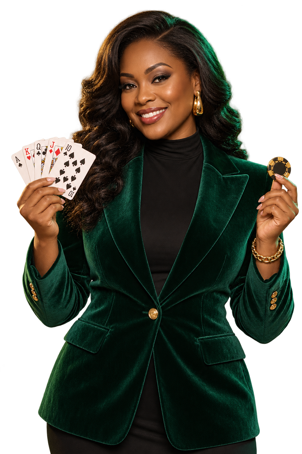 Elegant casino host holding cards and a gold chip