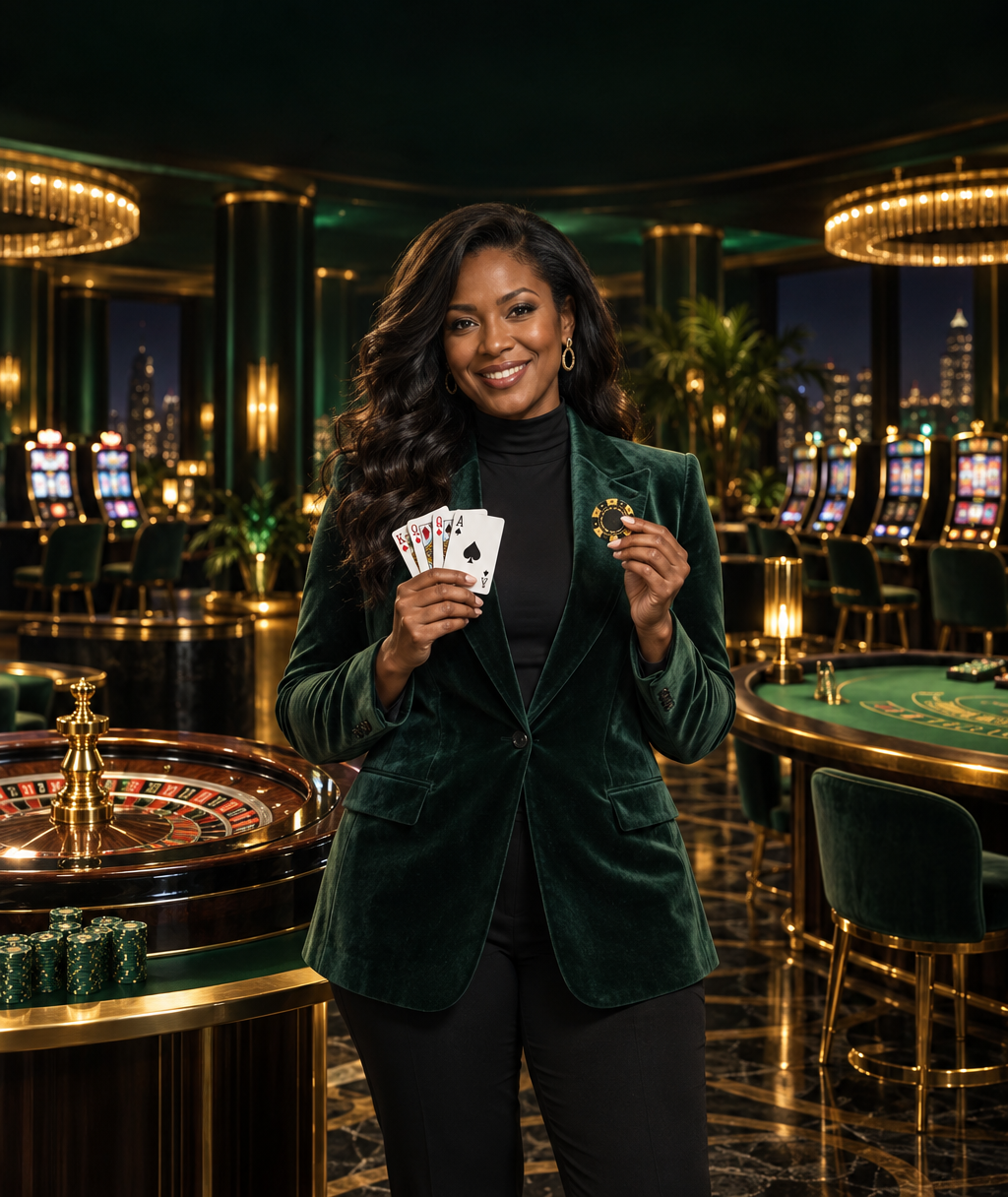 Casino host holding playing cards and a gold chip in a luxury casino